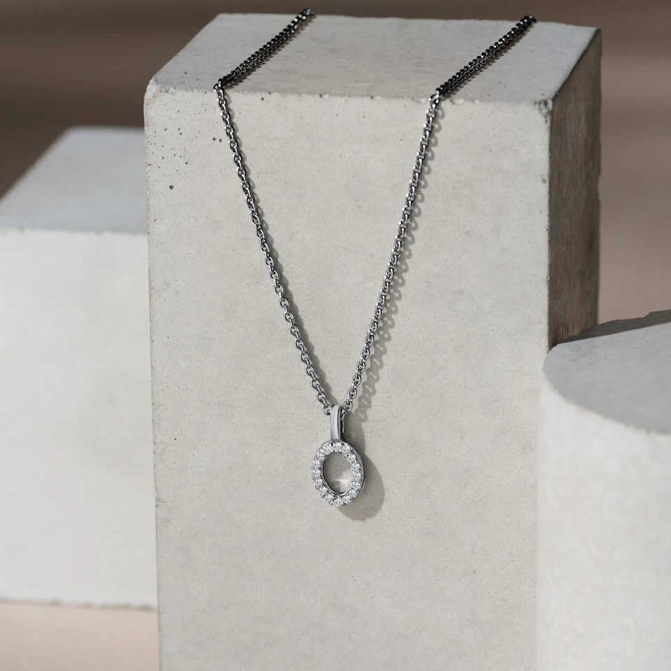 Love Letter Initial O Lab Diamond Necklace set in 9K White Gold