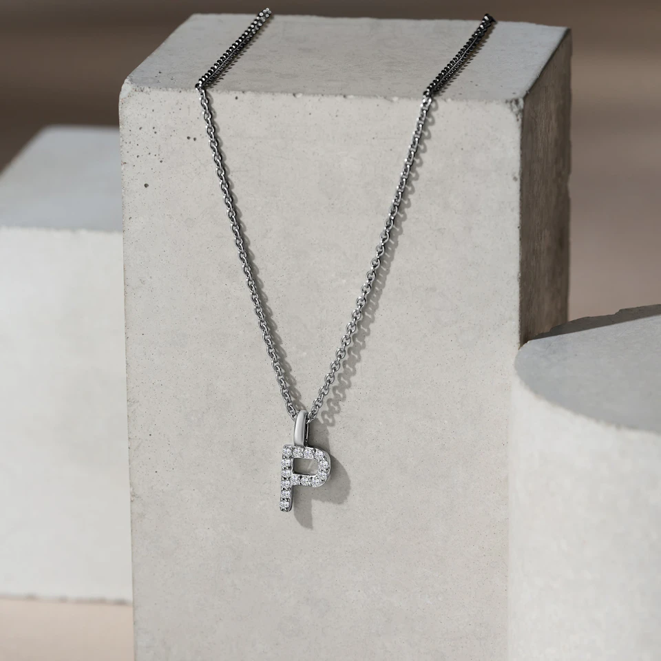 Love Letter Initial P Lab Diamond Necklace set in 9K White Gold