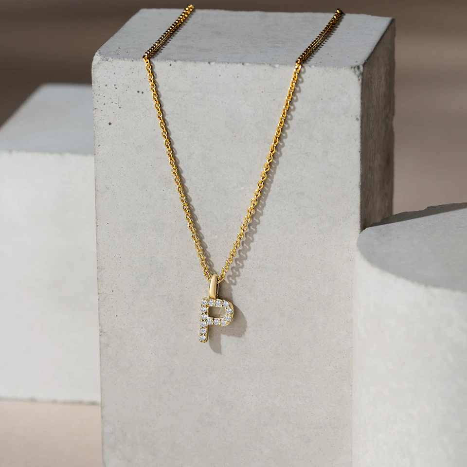 Love Letter Initial P Lab Diamond Necklace set in 9K Yellow Gold