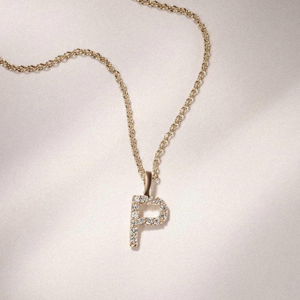 Love Letter Initial P Lab Diamond Necklace set in 9K Yellow Gold