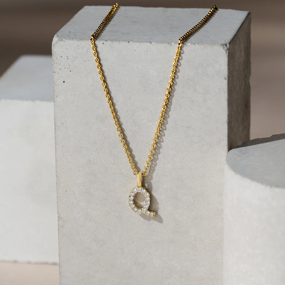 Love Letter Initial Q Lab Diamond Necklace set in 9K Yellow Gold
