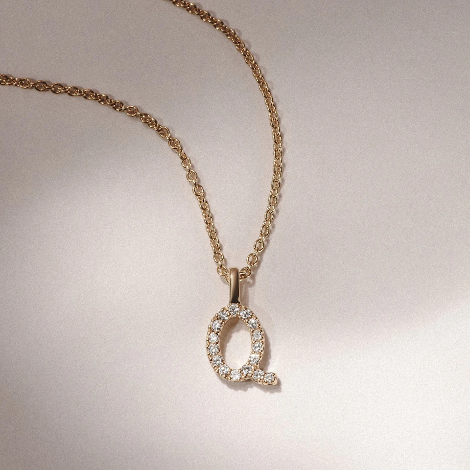 Love Letter Initial Q Lab Diamond Necklace set in 9K Yellow Gold