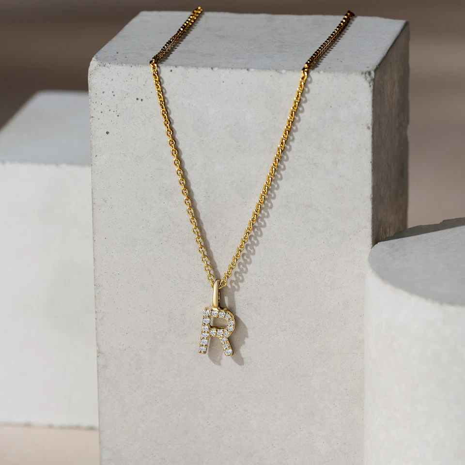 Love Letter Initial R Lab Diamond Necklace set in 9K Yellow Gold