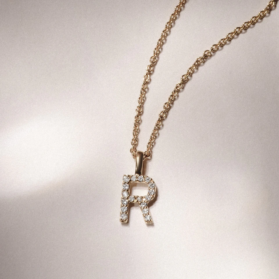 Love Letter Initial R Lab Diamond Necklace set in 9K Yellow Gold