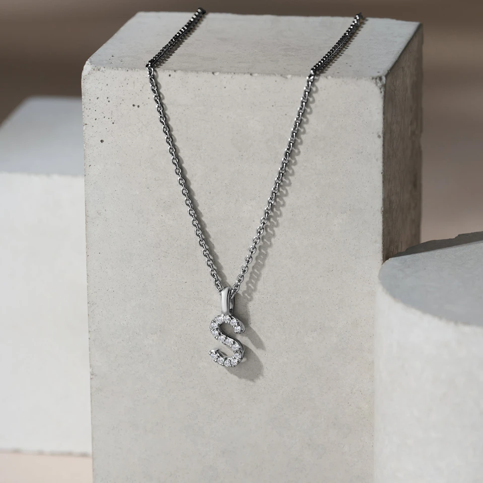 Love Letter Initial S Lab Diamond Necklace set in 9K White Gold
