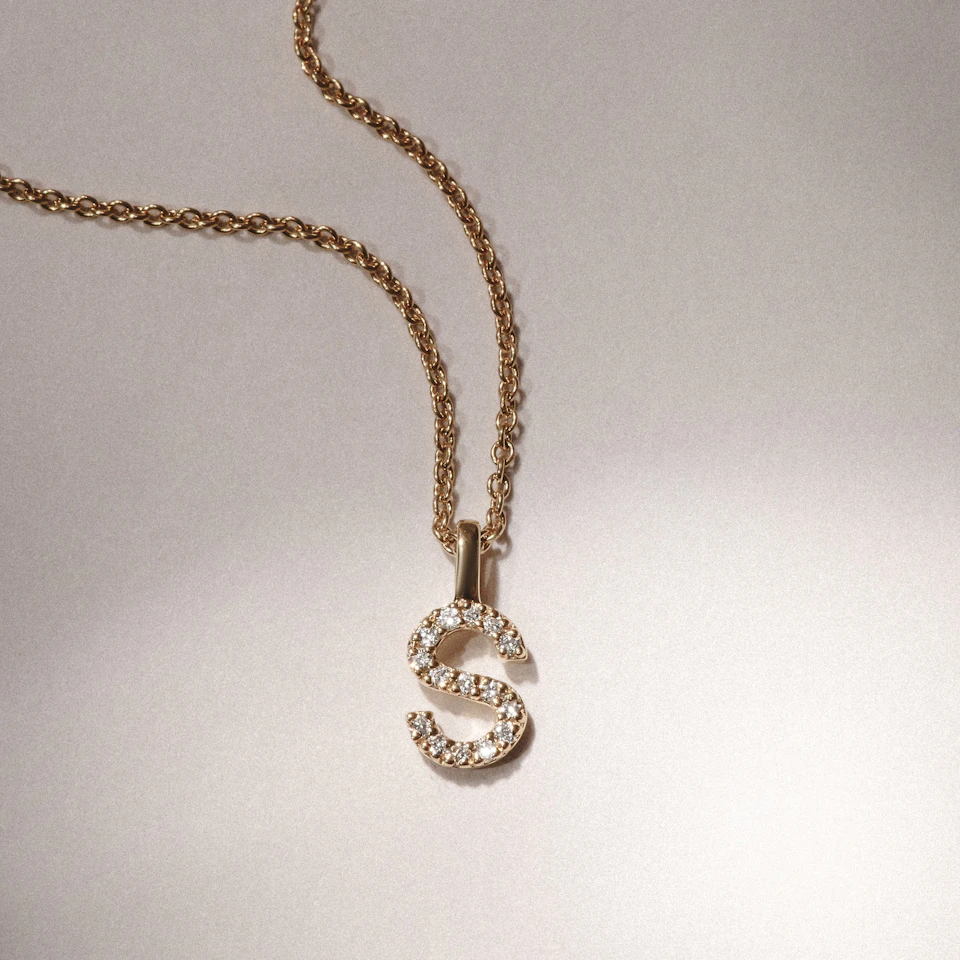 Love Letter Initial S Lab Diamond Necklace set in 9K Yellow Gold