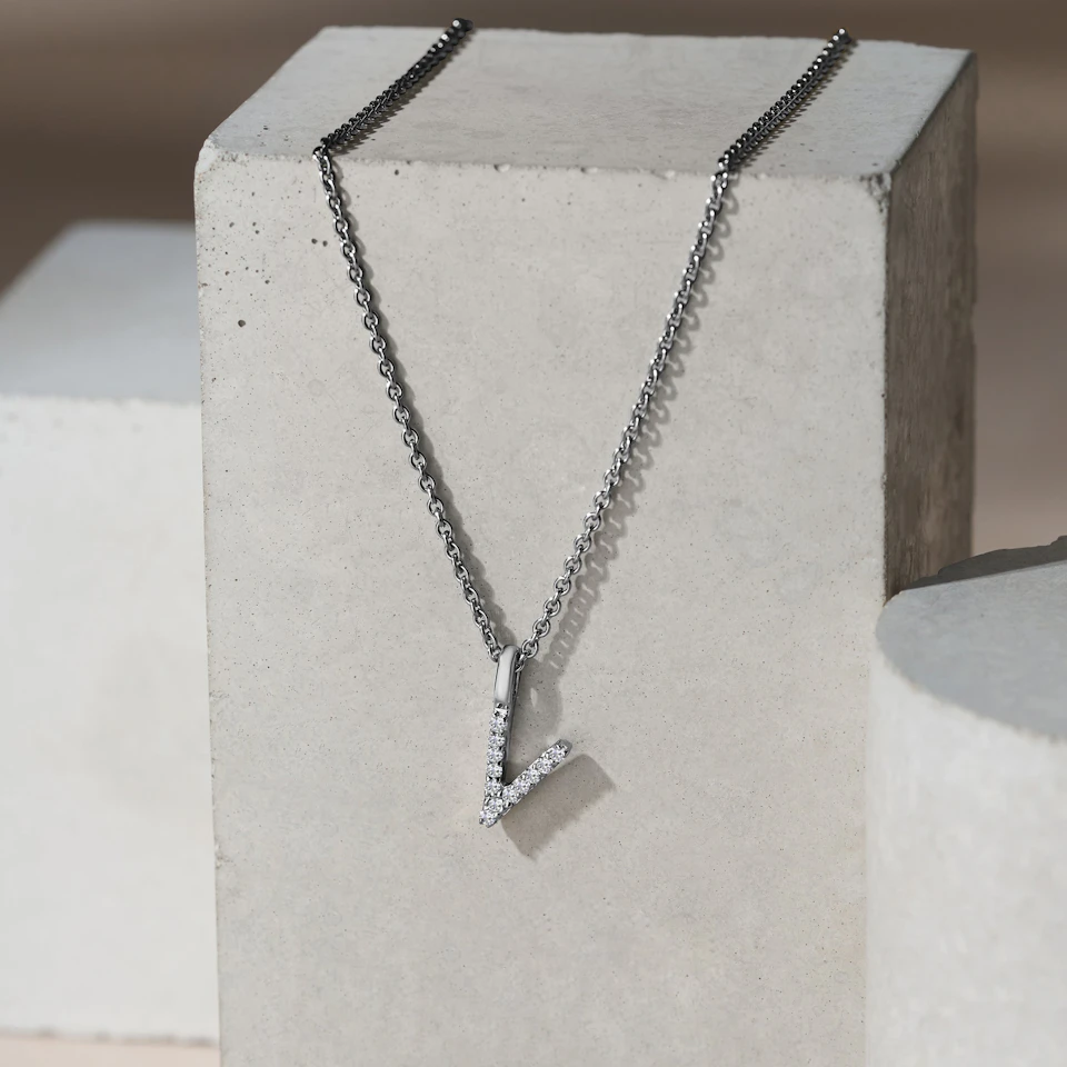 Love Letter Initial V Lab Diamond Necklace set in 9K White Gold