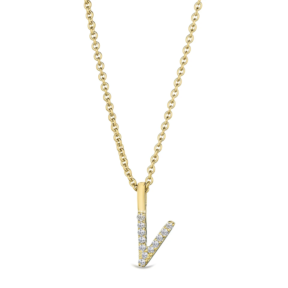 Love Letter Initial V Lab Diamond Necklace set in 9K Yellow Gold