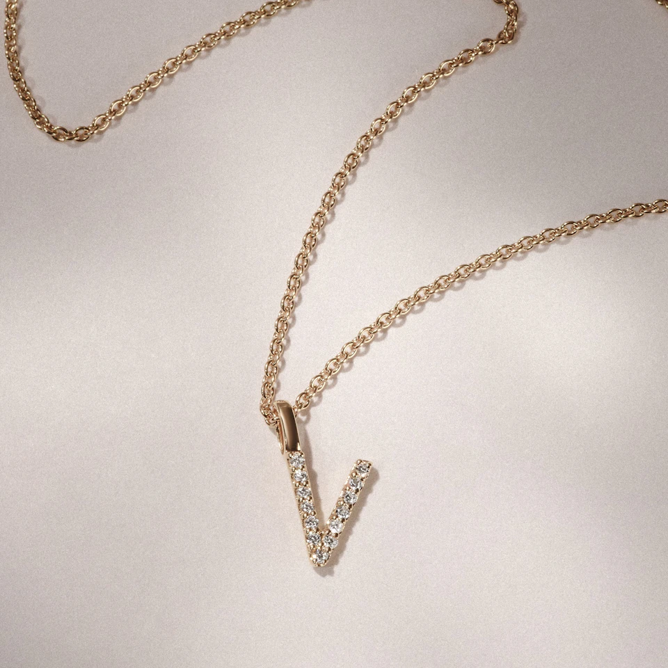 Love Letter Initial V Lab Diamond Necklace set in 9K Yellow Gold
