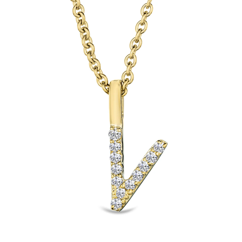 Love Letter Initial V Lab Diamond Necklace set in 9K Yellow Gold