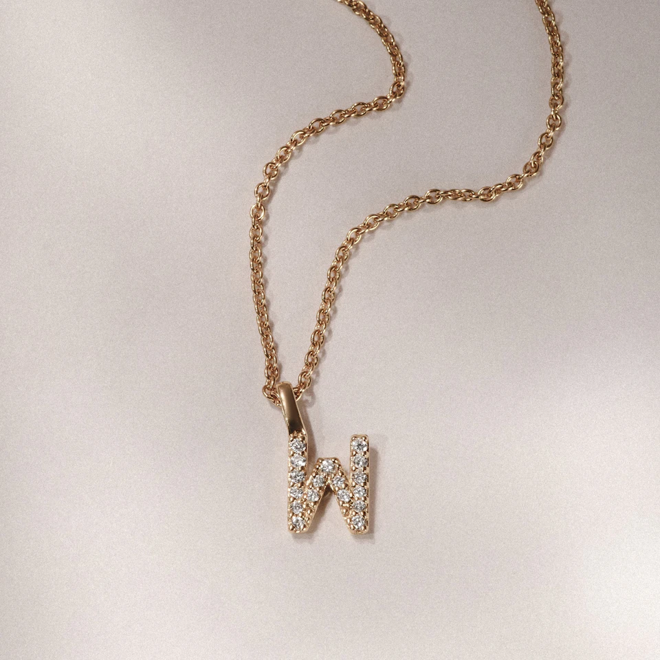 Love Letter Initial W Lab Diamond Necklace set in 9K Yellow Gold