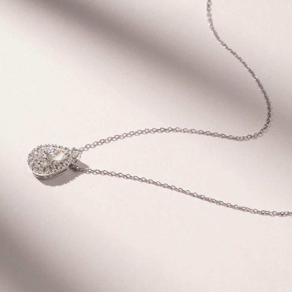 Lumia Pear Cut Lab Diamond Halo Pendant 1.20ct F/VS in 9K White Gold
