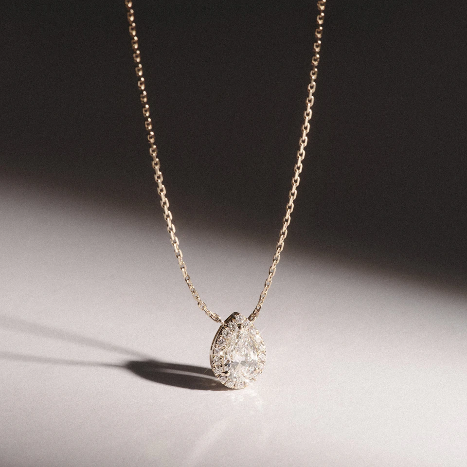 Lumia Halo 1.20ct Pear Cut Lab Diamond Necklace in 9K Yellow Gold