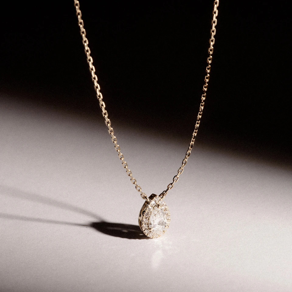 Lumia Halo 0.65ct Pear Cut Lab Diamond Necklace in 9K Yellow Gold