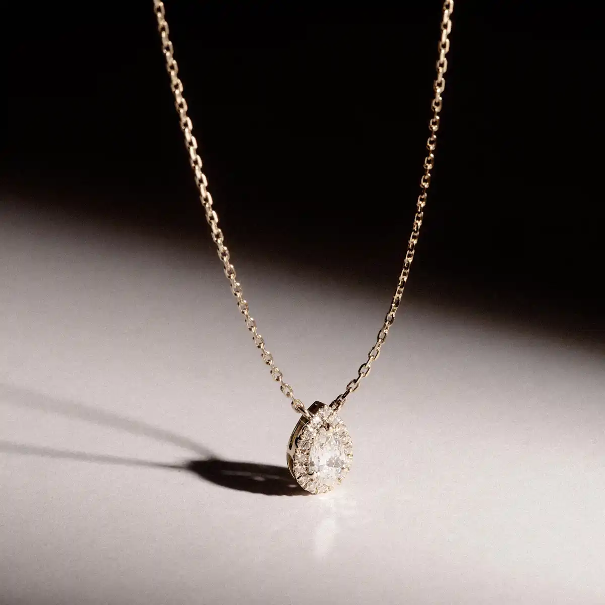 Lumia Halo 0.65ct Pear Cut Lab Diamond Necklace in 9K Yellow Gold