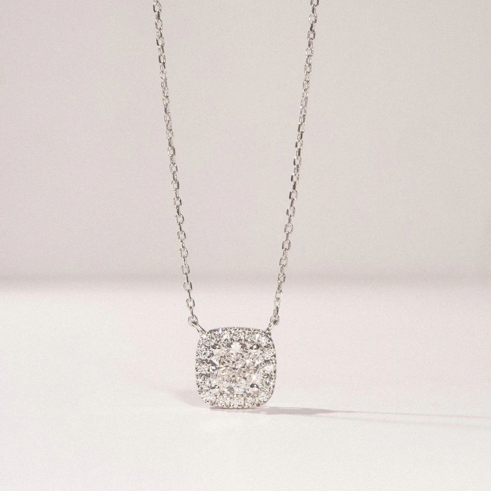 Lumia Cushion Cut Lab Diamond Halo Pendant 0.65ct F/VS in 9K White Gold