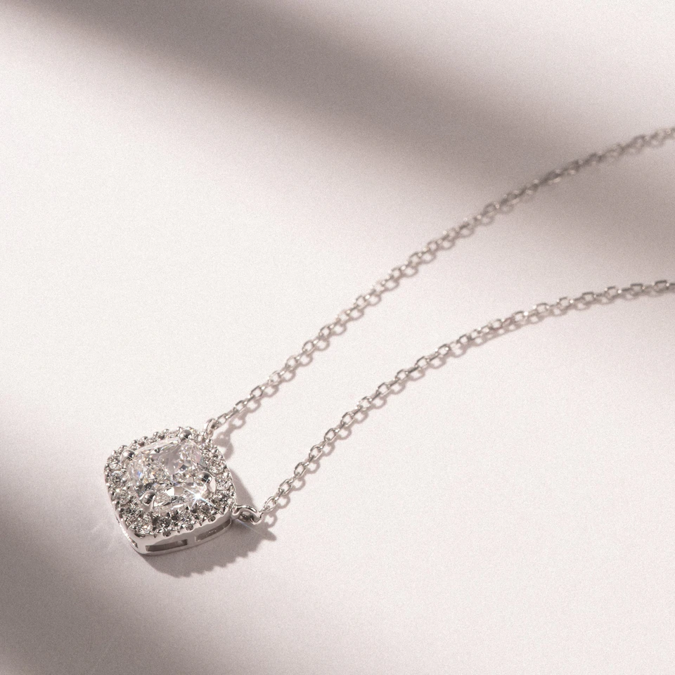 Lumia Cushion Cut Lab Diamond Halo Pendant 0.65ct F/VS in 9K White Gold