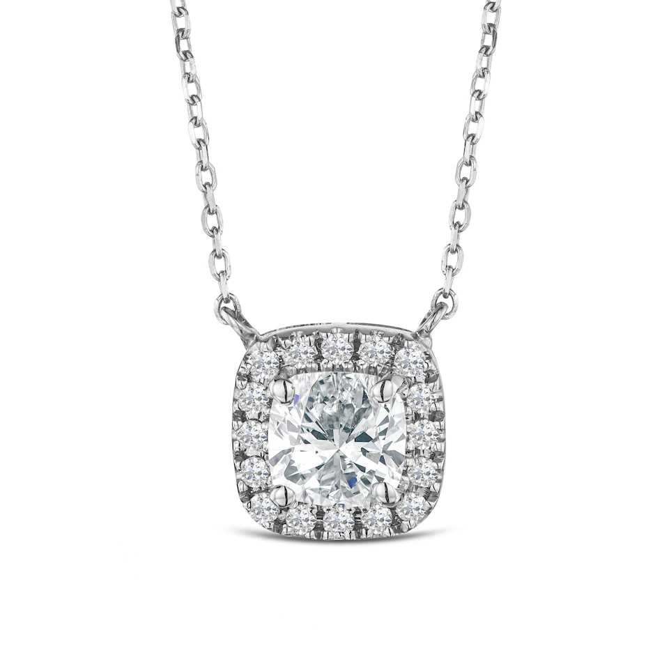 Lumia Cushion Cut Lab Diamond Halo Pendant 1.20ct F/VS in 9K White Gold