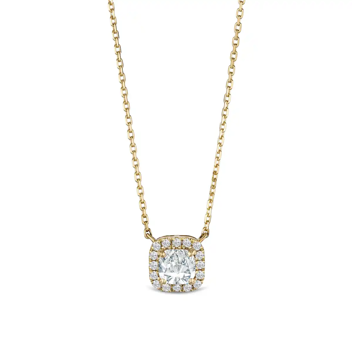 Lumia Halo 0.65ct Cushion Cut Lab Diamond Necklace in 9K Yellow Gold