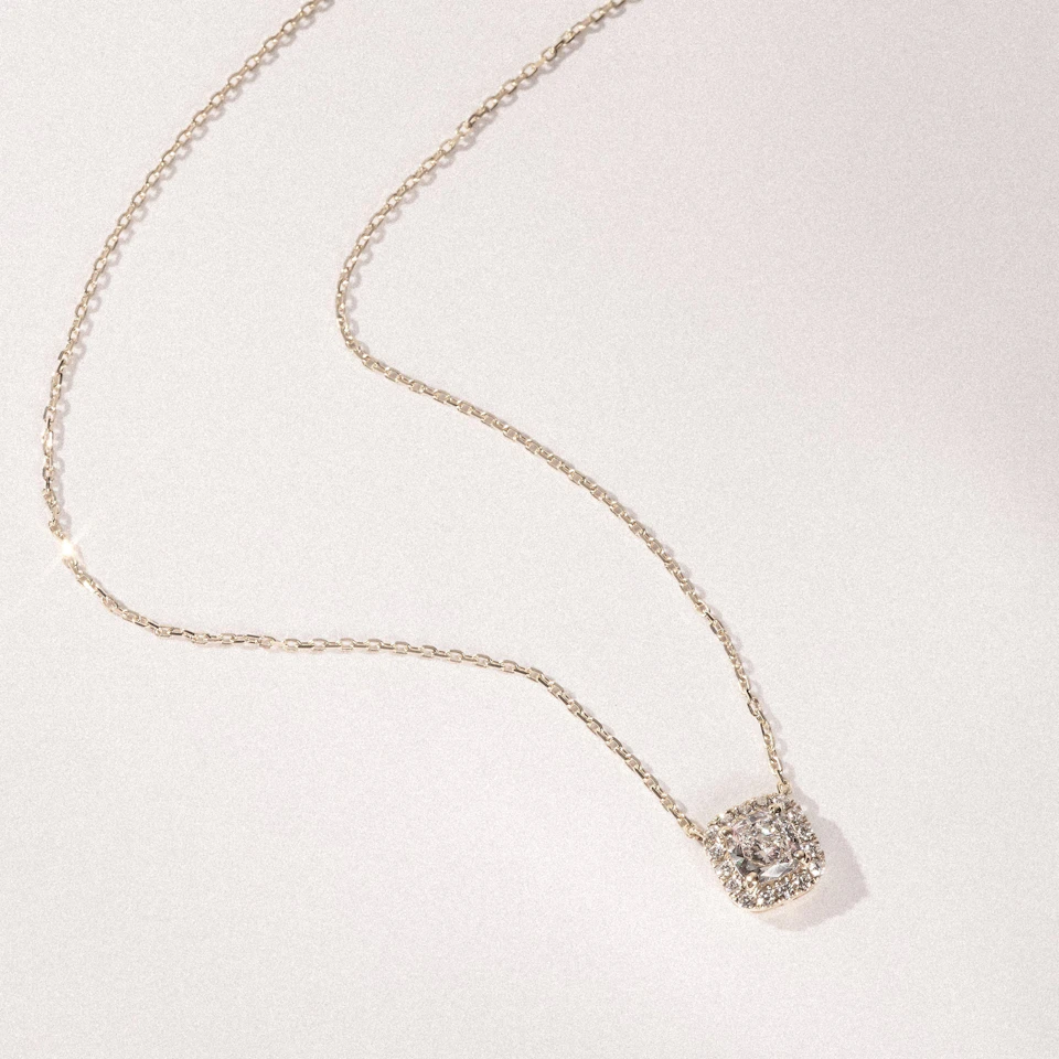 Lumia Halo 0.65ct Cushion Cut Lab Diamond Necklace in 9K Yellow Gold