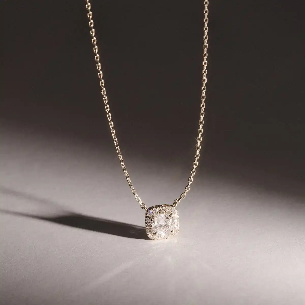 Lumia Halo 0.65ct Cushion Cut Lab Diamond Necklace in 9K Yellow Gold
