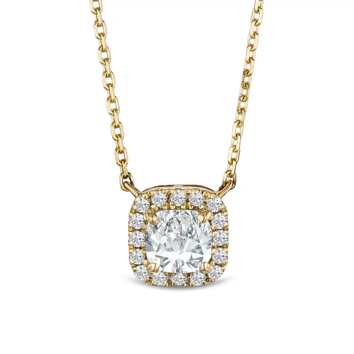 Lumia Halo 0.65ct Cushion Cut Lab Diamond Necklace in 9K Yellow Gold