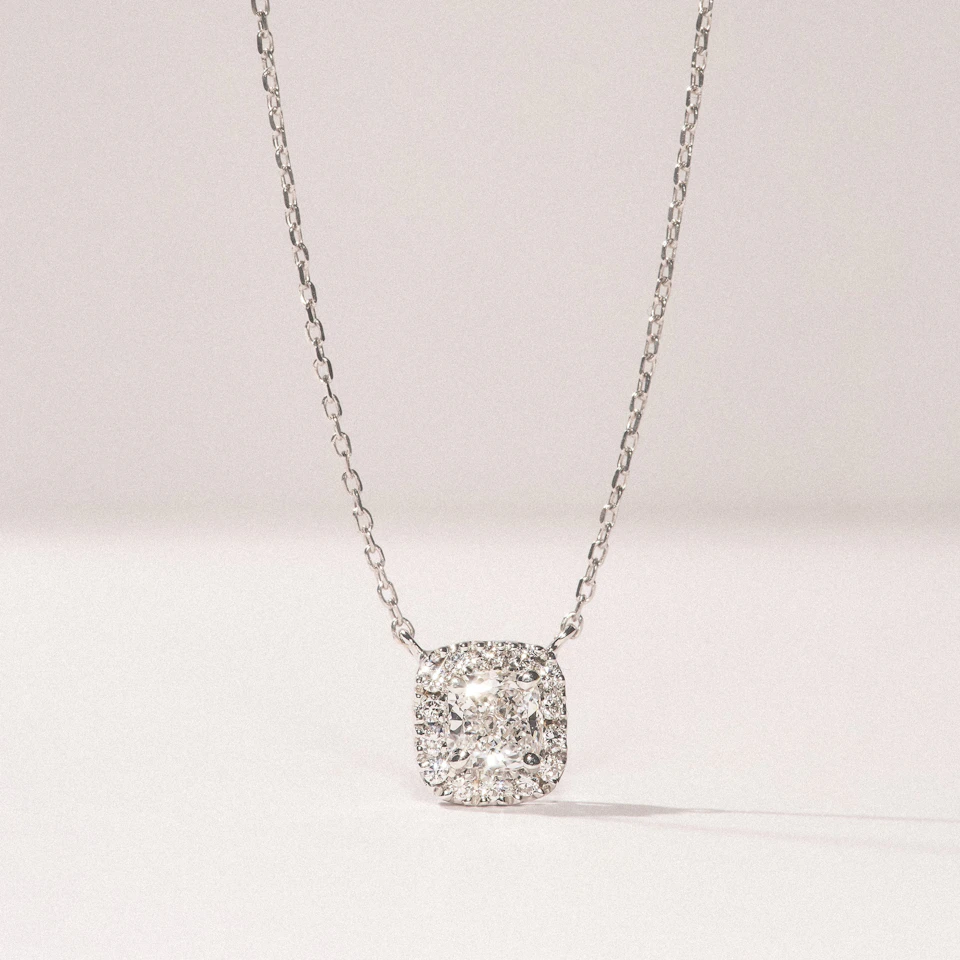 Lumia Cushion Cut Lab Diamond Halo Pendant 1.20ct F/VS in 9K White Gold