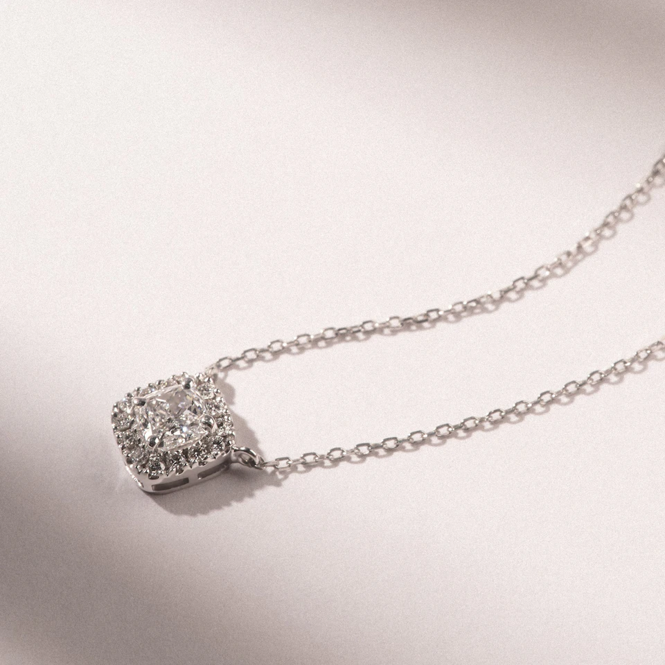 Lumia Cushion Cut Lab Diamond Halo Pendant 1.20ct F/VS in 9K White Gold