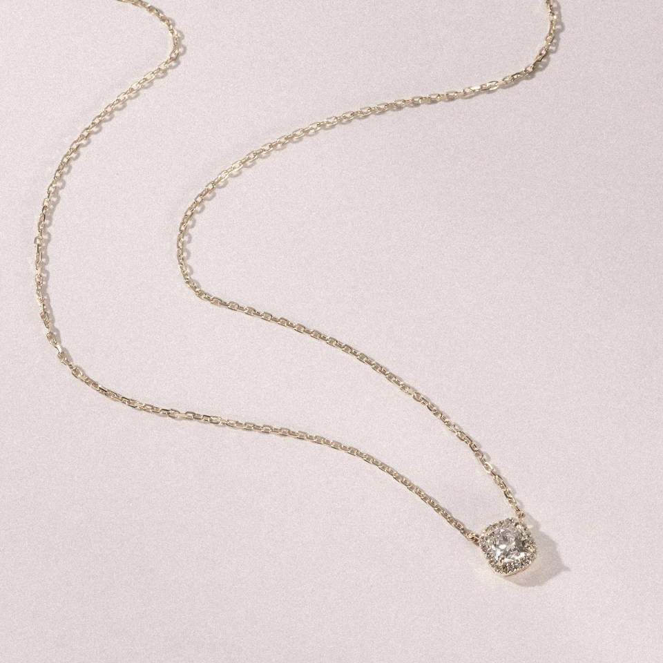 Lumia Halo 1.20ct Cushion Cut Lab Diamond Necklace in 9K Yellow Gold