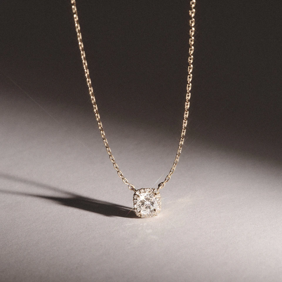 Lumia Halo 1.20ct Cushion Cut Lab Diamond Necklace in 9K Yellow Gold