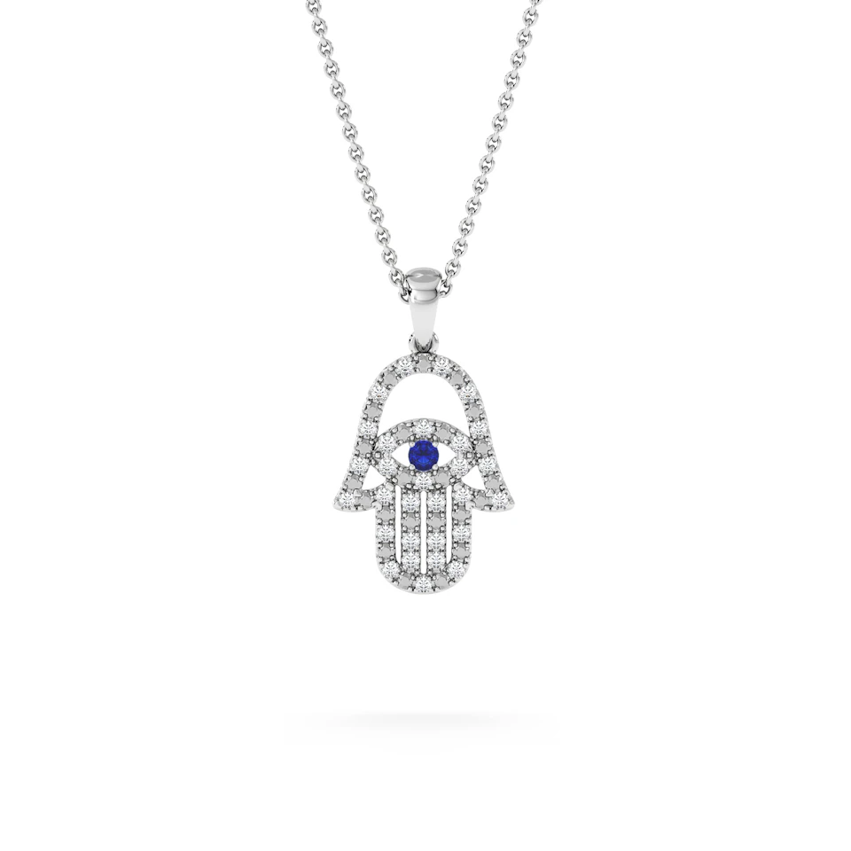 Hamsa Fortune 0.05ct Sapphire and 0.25ct Lab Grown Diamond Pendant Necklace in Sterling Silver