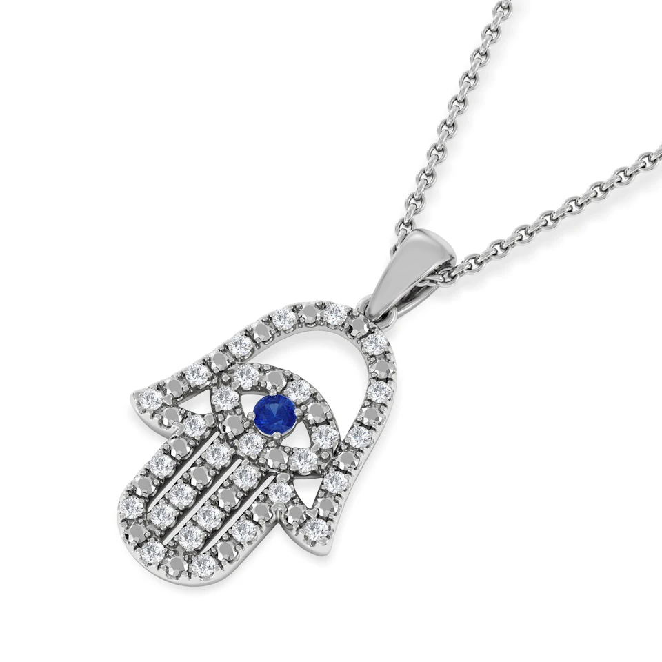 Hamsa Fortune 0.05ct Sapphire and 0.25ct Lab Grown Diamond Pendant Necklace in Sterling Silver