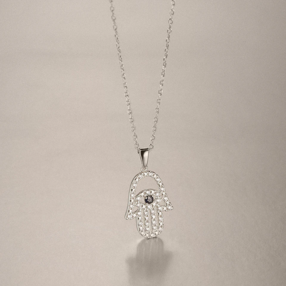 Hamsa Fortune 0.05ct Sapphire and 0.25ct Lab Grown Diamond Pendant Necklace in Sterling Silver