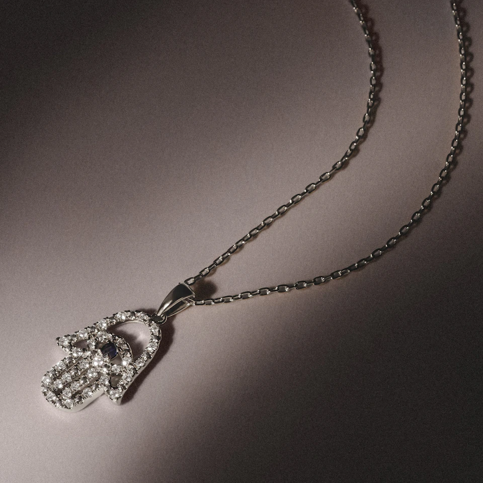 Hamsa Fortune 0.05ct Sapphire and 0.25ct Lab Grown Diamond Pendant Necklace in Sterling Silver