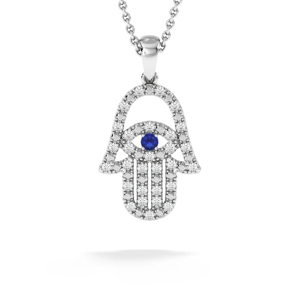 Hamsa Fortune 0.05ct Sapphire and 0.25ct Lab Grown Diamond Pendant Necklace in Sterling Silver
