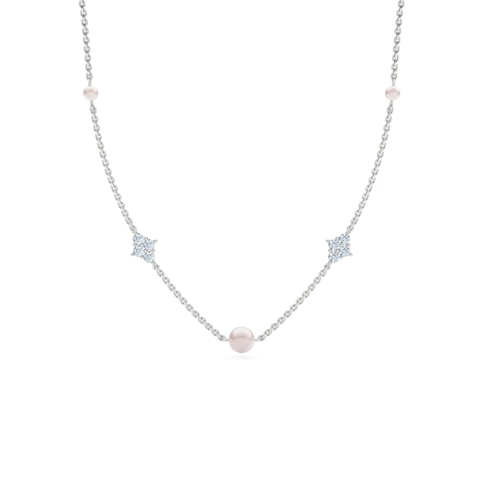 Eden 3.10ct Round Pearl and Lab Diamond Station Necklace in Sterling Silver