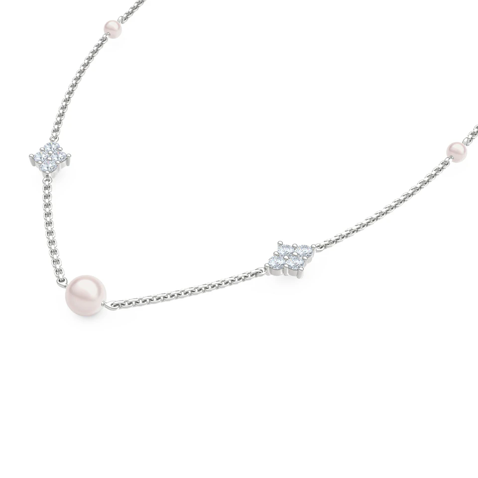 Eden 3.10ct Round Pearl and Lab Diamond Station Necklace in Sterling Silver