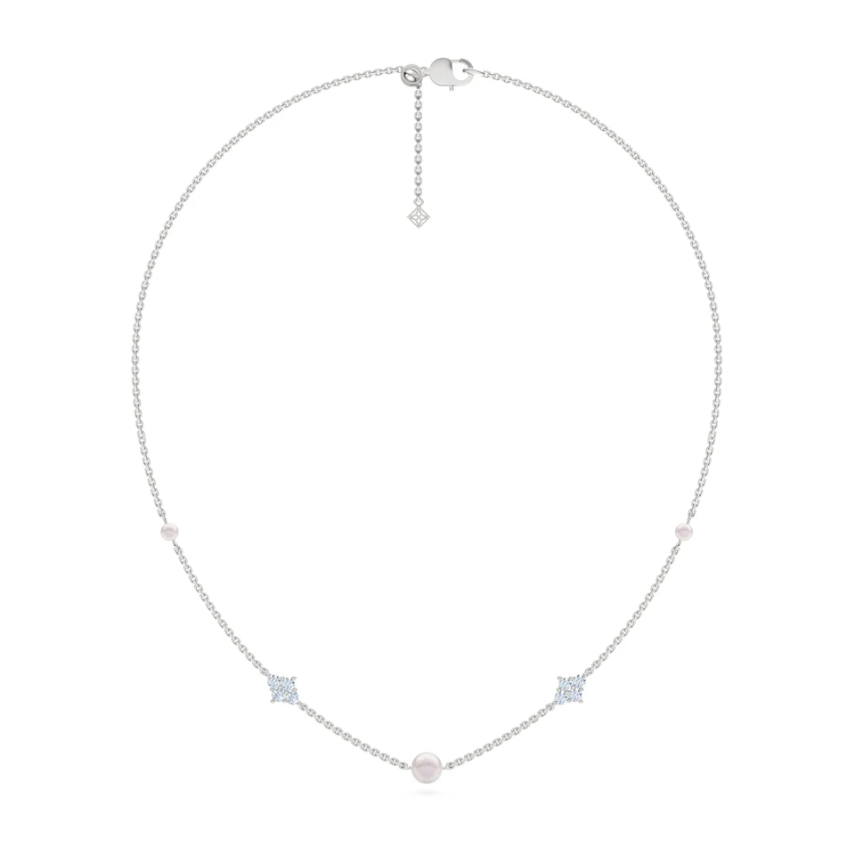 Eden 3.10ct Round Pearl and Lab Diamond Station Necklace in Sterling Silver