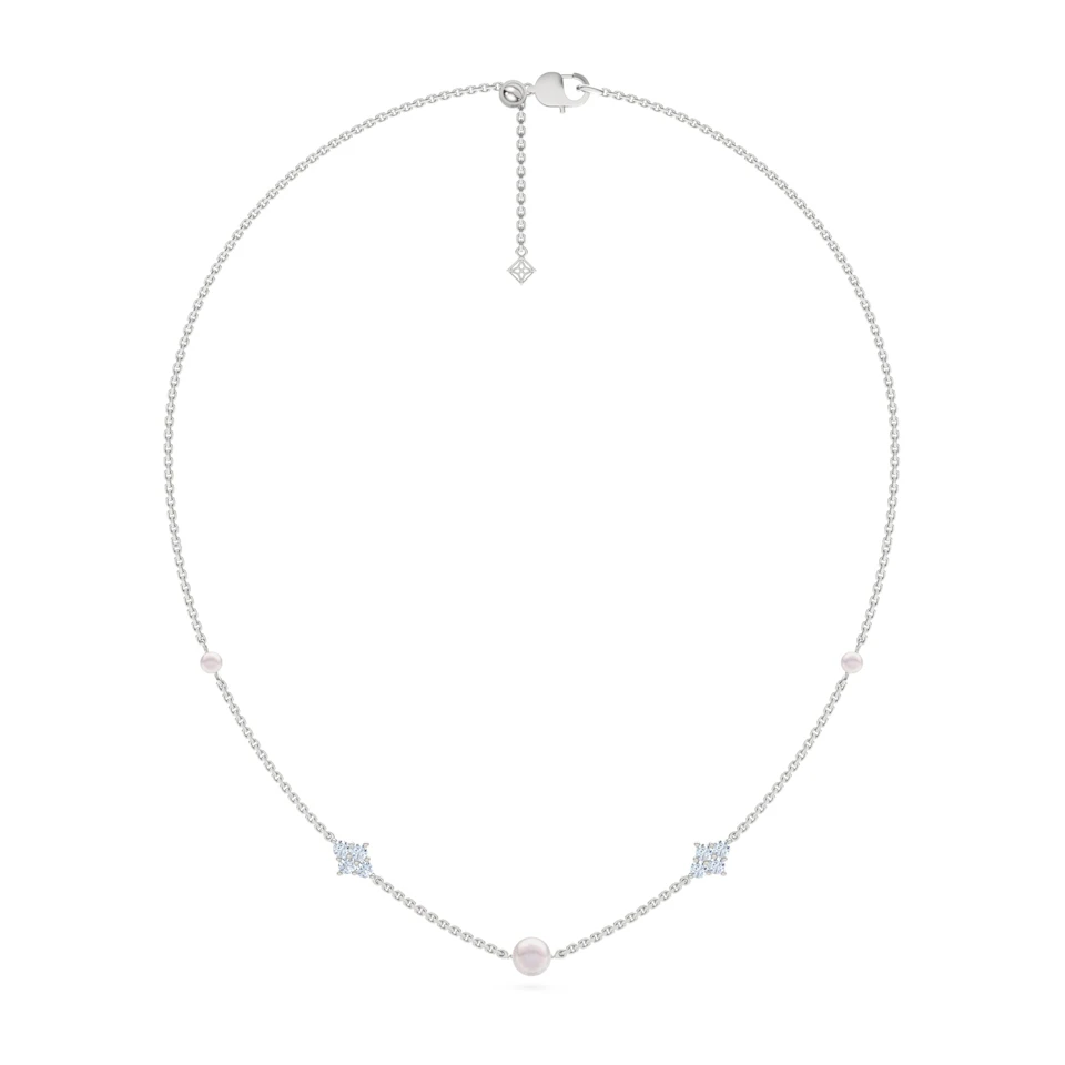 Eden 3.10ct Round Pearl and Lab Diamond Station Necklace in Sterling Silver