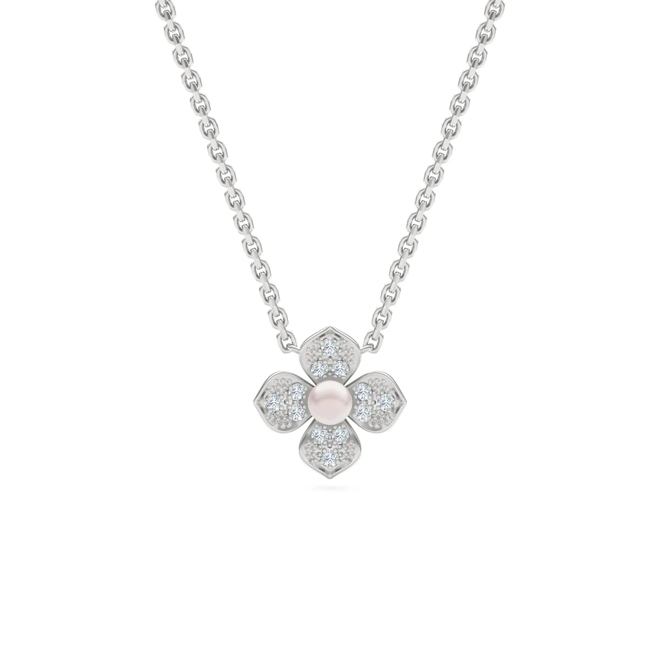 Eden 0.50ct Round Pearl and Lab Diamond Floral Necklace in Sterling Silver