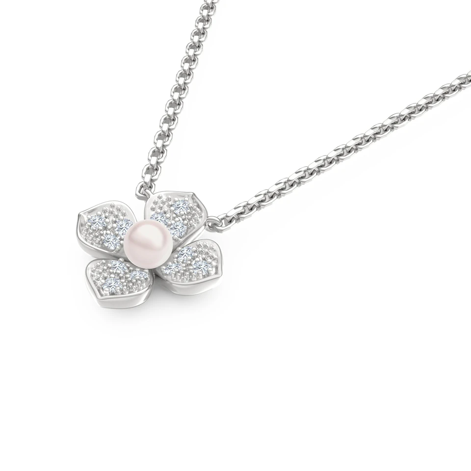 Eden 0.50ct Round Pearl and Lab Diamond Floral Necklace in Sterling Silver