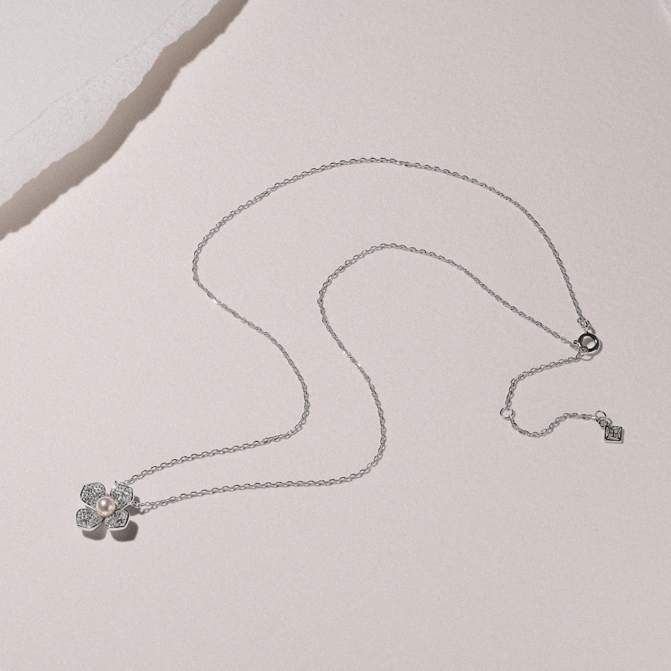 Eden 0.50ct Round Pearl and Lab Diamond Floral Necklace in Sterling Silver