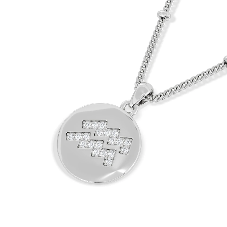 Astrology Aquarius 0.07ct Lab Grown Diamond Medallion Pendant Necklace in Sterling Silver