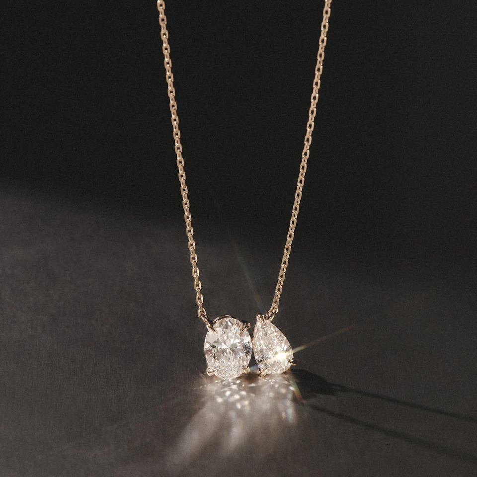 Toi Et Moi 3.00ct Oval and Pear Cut Lab Diamond 2 Stone Necklace in 18k Yellow Gold
