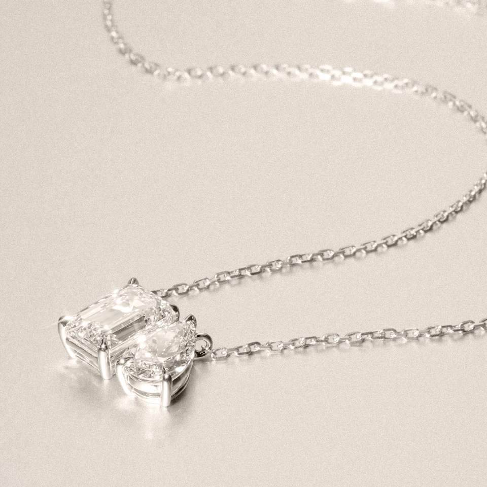 Toi Et Moi 3.00ct Emerald and Pear Cut Lab Diamond 2 Stone Necklace in 18K White Gold