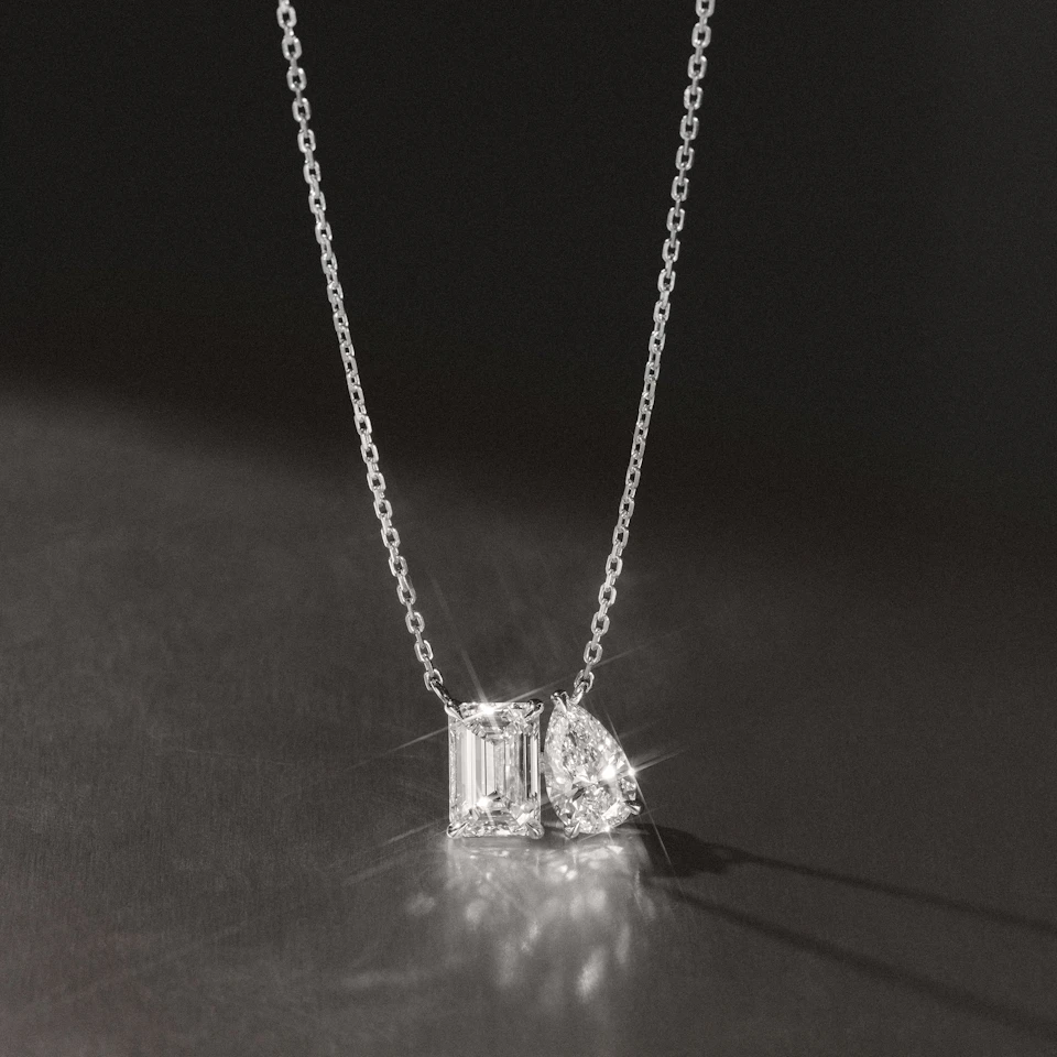Toi Et Moi 3.00ct Emerald and Pear Cut Lab Diamond 2 Stone Necklace in 18K White Gold