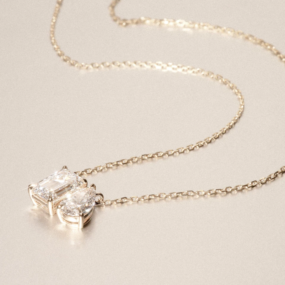 Toi Et Moi 3.00ct Emerald and Pear Cut Lab Diamond 2 Stone Necklace in 18K Yellow Gold