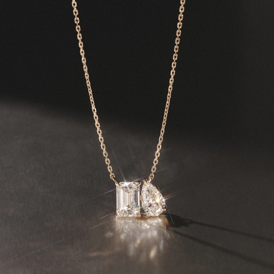 Toi Et Moi 3.00ct Emerald and Pear Cut Lab Diamond 2 Stone Necklace in 18K Yellow Gold