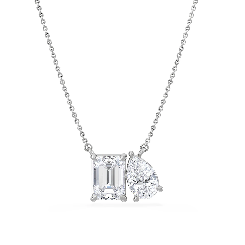 Toi Et Moi 3.00ct Emerald and Pear Cut Lab Diamond 2 Stone Necklace in 18K White Gold