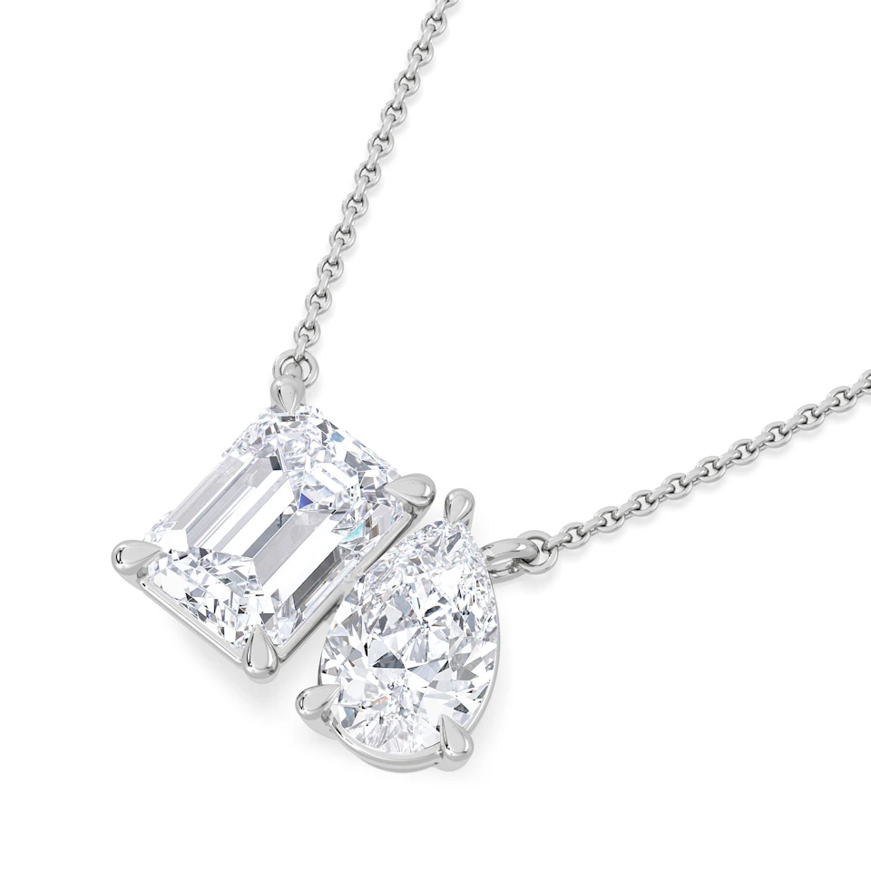 Toi Et Moi 3.00ct Emerald and Pear Cut Lab Diamond 2 Stone Necklace in 18K White Gold